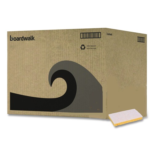 Cleaning Tools | Boardwalk 63BWK LD 0.7 in. Thick 3.6 in. x 6.1 in. Individually Wrapped Light Duty Scrubbing Sponge - Yellow/White (20/Carton) image number 0