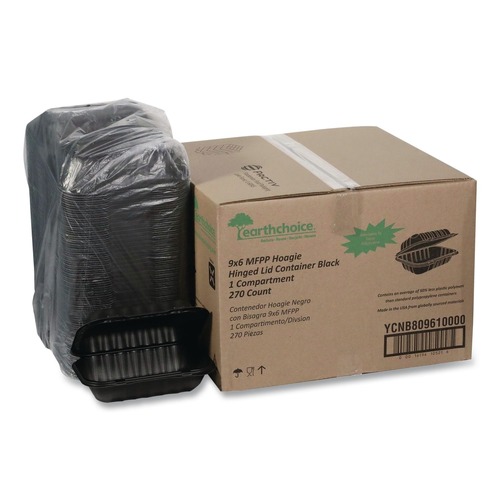 Food Trays, Containers, and Lids | Pactiv Corp. YCNB809610000 EarthChoice 9 in. x 6 in. x 3.25 in. Plastic SmartLock Microwavable MFPP Hinged Lid Container - Black (270/Carton) image number 0