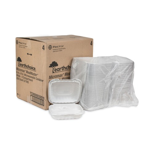 Food Trays, Containers, and Lids | Pactiv Corp. YCN808030000 EarthChoice SmartLock 8.31 in. x 8.35 in. x 3.1 in. Microwaveable MFPP 3-Compartment Hinged Lid Containers - White (200/Carton) image number 0