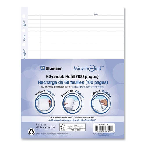 Notebooks & Pads | Blueline AFR9050R 9.25 in. x 7.25 in. MiracleBind Undated Ruled Paper Refill Sheets for all MiracleBind Notebooks and Planners - White/Blue Sheets image number 0