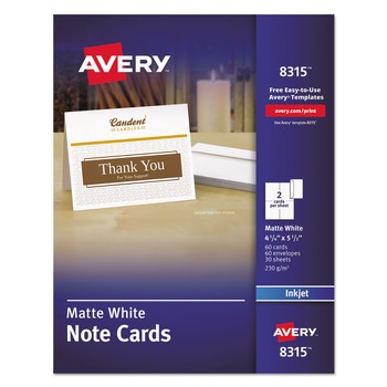 Avery 08315 4.25 in. x 5.5 in. 85 lbs. Inkjet Note Cards with Matching Envelopes - Matte White (60/Box)