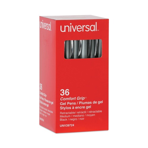 Pens | Universal 39724 0.7 mm. Medium Comfort Grip Retractable Gel Pen - Black Ink, Gray/Black/Silver Barrel (36/Pack) image number 0