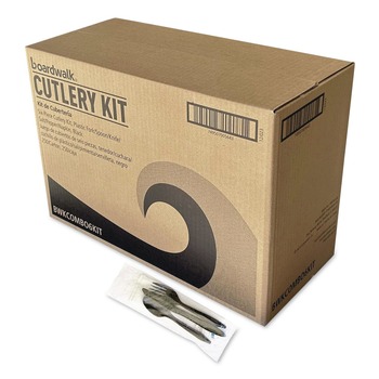 Boardwalk BWKCOMBO6KIT 6-Piece 5.86 in. Plastic Fork/Knife/Napkin/Pepper/Salt/Spoon Cutlery Kit - Black (250/Carton)