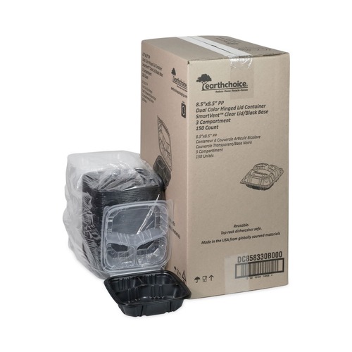 Food Trays, Containers, and Lids | Pactiv Corp. DC858330B000 33 oz. 8-1/2 in. x 8-1/5 in. x 3 in. 3-Compartment EarthChoice Vented Dual Color Microwavable Hinged Lid Container - Black/Clear (150/Carton) image number 0