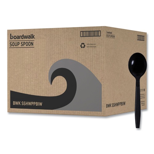 Cutlery | Boardwalk BWKSSHWPPBIW Heavyweight Wrapped Polypropylene Soup Spoons - Black (1000/Carton) image number 0