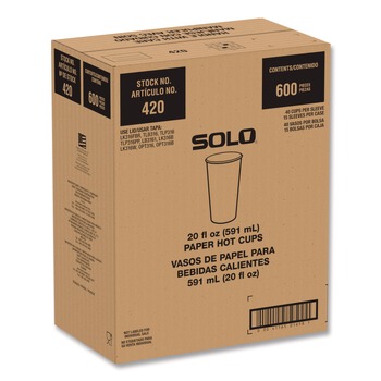CUPS AND LIDS | SOLO 420RC-PLANET Recycled Content PCF Paper Hot Cups ProPlanet Seal 20 oz White/Blue 600/Carton
