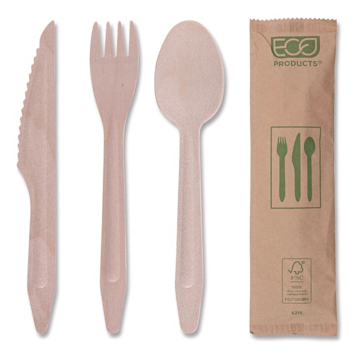 Cutlery | Eco-Products EP-S215 General Purpose Fork/Knife/Napkin/Spoon Wood Cutlery - Natural (500/Carton) image number 0