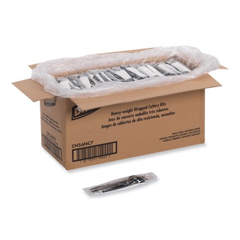 Dixie CH56NC7 Individually Wrapped Heavyweight Cutlery Set Fork/Knife/Napkin/Spoon Plastic Black (250/Carton)