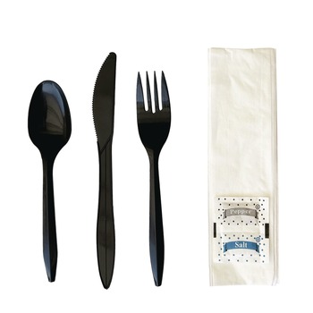 Boardwalk BWKCOMBO6KIT 6-Piece Fork/Knife/Napkin/Pepper/Salt/Spoon Cutlery Kit - Black (250/Carton)