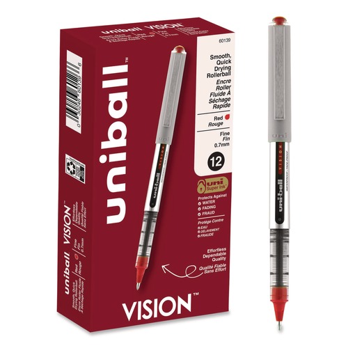 Pens | uni-ball 60139 VISION Fine 0.7 mm Stick Roller Ball Pen - Red Ink Silver/Red/Clear Barrel (1-Dozen) image number 0
