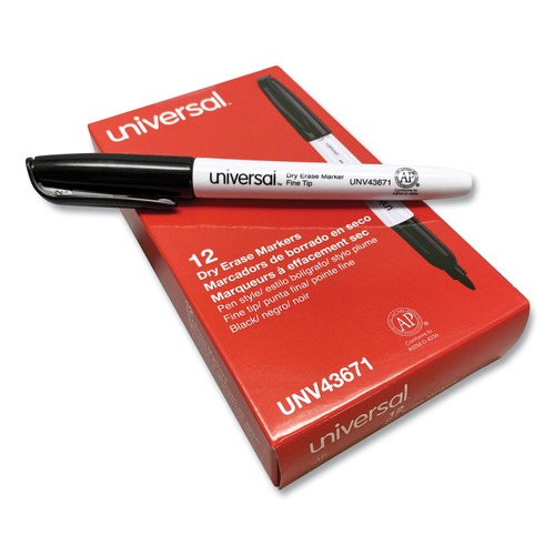 Washable Markers | Universal UNV43671 Fine Bullet Tip Pen Style Dry Erase Marker - Black (1-Dozen) image number 0