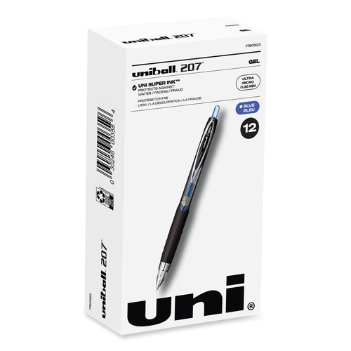 Pens | uni-ball 1790923 Signo Extra-Fine 0.38 mm Retractable 207 Gel Ultra Micro Gel Pen - Blue Ink Clear/Black Barrel (1-Dozen) image number 0