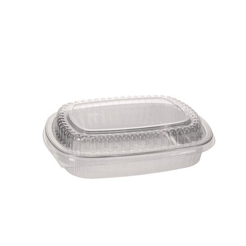 Food Trays, Containers, and Lids | Pactiv Corp. Y6710PET 9.8 in. x 7.8 in. x 1.3 in. 46 oz. Classic Carry-Out Aluminum Container with PET Dome Lid - Silver/Clear (50/Carton) image number 0