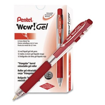 Pentel K437-B 0.7 mm WOW Medium Retractable Gel Pen - Red Ink/Clear/Red Barrel (1-Dozen)