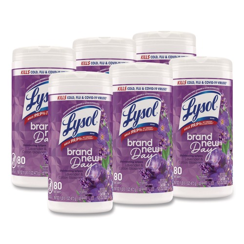 Hand Wipes | LYSOL Brand 19200-56264 Disinfecting Wipes, 1-Ply, 7 x 7.25, Lavender and Cotton Blossom, White, 80 Wipes/Canister, 6 Canisters/Carton image number 0