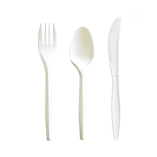 Cutlery | Boardwalk BWK3COMBOKITPP 6.97 in. Plastic Mediumweight Fork/Knife/Spoon 3-Piece Cutlery Kit - White (250/Carton) image number 0