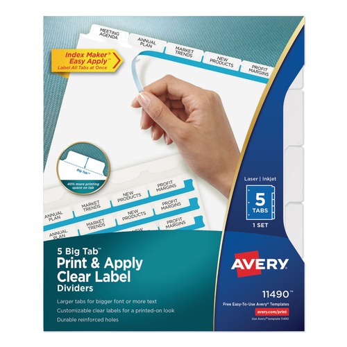Dividers & Tabs | Avery 11490 11 in. x 8.5 in. 5-Tab Big Tab Clear Label Dividers - White Tabs/White (1-Set) image number 0