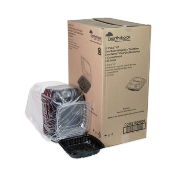Pactiv Corp. DC858100B000 38 oz 8.5 x 8.5 x 3 EarthChoice Vented Dual Color Microwavable Plastic Hinged Lid Container - Black/Clear (150/Carton)