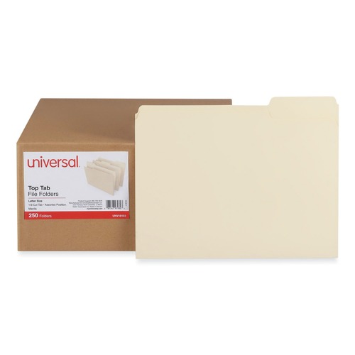Back to School Sale | Universal 5749 0.75 in. Expansion 1/3-Cut Tabs Top Tab File Folders - Assorted, Letter Size, Manila (250/Carton) image number 0