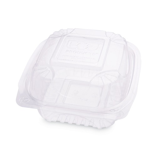 Food Trays, Containers, and Lids | Eco-Products EP-LC6 6 in. x 6 in. x 3 in. Renewable and Compostable Plastic Clamshell Hinged Food Containers - Clear (240/Carton) image number 0