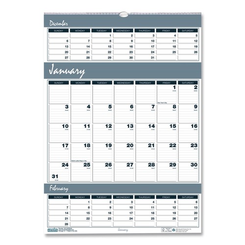 Bulletin Boards | House of Doolittle 342 14-Month: Dec 2025 to Jan 2027 12 in. x 17 in. Bar Harbor Recycled Wirebound 3-Months-Per-Page Wall Calendar - White/Blue/Gray image number 0