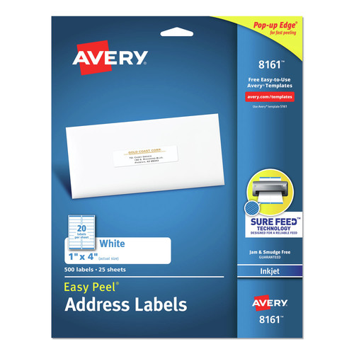 Labels | Avery 08161 1 in. x 4 in. Easy Peel White Address Labels with Sure Feed Technology - White (500/Pack) image number 0