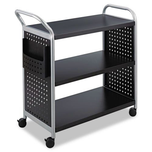 Office Filing Cabinets & Shelves | Safco 5339BL 31 in. x 18 in. x 38 in. 3 Shelves 1 Bin 300 lbs. Capacity Scoot 3-Shelf Metal Utility Cart - Black/Silver image number 0