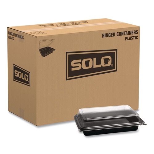 Food Trays, Containers, and Lids | SOLO 844012-PM94 Creative Carryouts 8.75 in. x 6.2 in. x 2.2 in. Hinged Plastic Hot Deli Boxes - Black/Clear (200/Carton) image number 0
