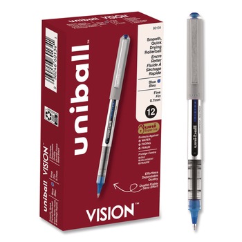 uni-ball 60134 VISION Fine 0.7 mm Stick Roller Ball Pen - Blue Ink Silver/Blue/Clear Barrel (1-Dozen)