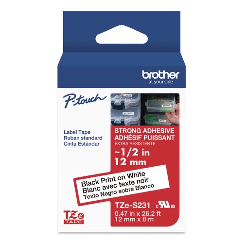 Labels | Brother P-Touch TZES231G 0.47 in. x 26.2 ft. TZe Standard Adhesive Laminated Labeling Tape - Black on White image number 0