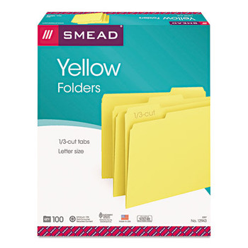 Smead 12943 1/3-Cut Tabs Assorted Letter Size 0.75 in. Expansion Colored File Folders - Yellow (100/Box)