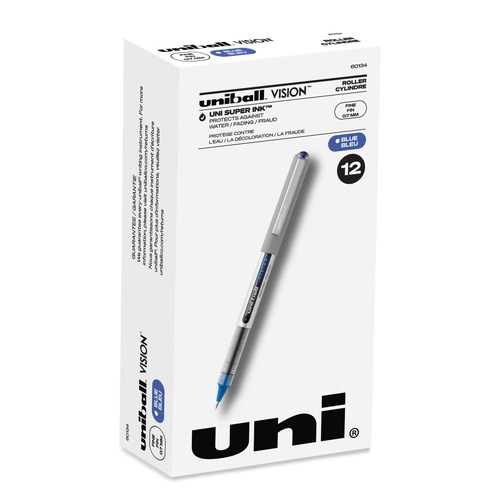 Pens | uni-ball 60134 VISION Fine 0.7 mm Stick Roller Ball Pen - Blue Ink Silver/Blue/Clear Barrel (1-Dozen) image number 0