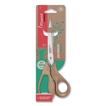 Maped Helix 499111FM Advanced Wood 8.25 in. Long 4.75 in. Cut Length Multipurpose Scissors - Straight Brown Handle