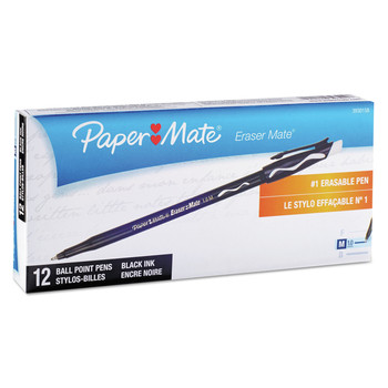 Paper Mate 3930158 1 mm Eraser Mate Medium Ballpoint Stick Pen - Black Ink/Black Barrel (1-Dozen)