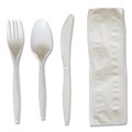 Cutlery | Boardwalk BWK4COMBOKITPP 4-Piece Mediumweight Polypropylene Plastic Fork/Knife/Napkin/Spoon Cutlery Kit - White (250/Carton) image number 1