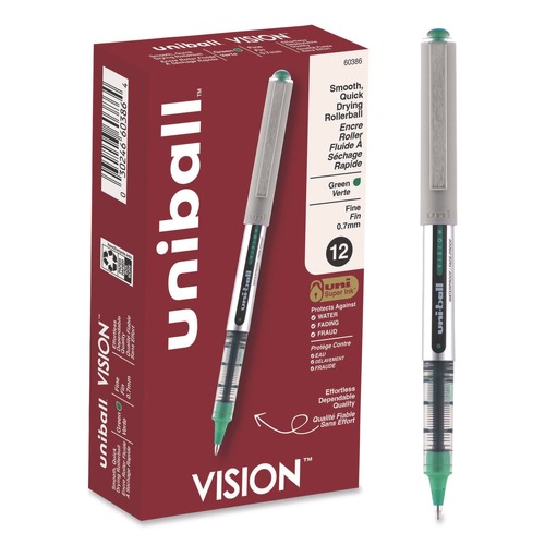 Back to School Sale | uni-ball 60386 Fine 0.7 mm VISION Stick Roller Ball Pen - Green Ink, Silver/Green/Clear Barrel (1-Dozen) image number 0