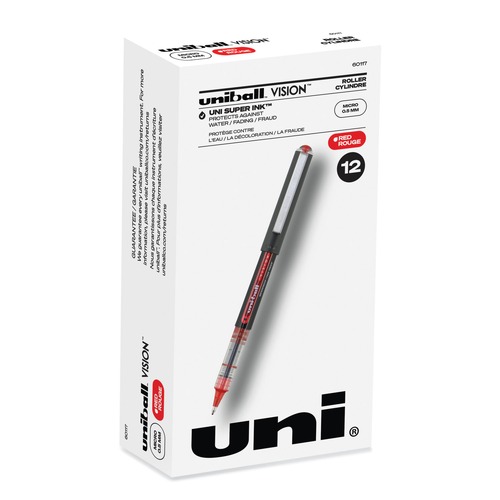 Pens | uni-ball 60117 VISION Extra-Fine 0.5 mm Stick Roller Ball Pen - Red Ink Gray/Red Barrel (1-Dozen) image number 0