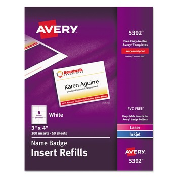 Avery 05392 3 in. x 4 in. Horizontal/Vertical Name Badge Insert Refills - White (300/Box)
