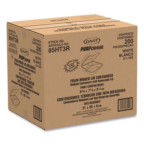 Just Launched | Dart 85HT3R 8.38 in. x 7.78 in. x 3.25 in. 3-Compartment Foam Hinged Lid Containers (200/Carton) image number 0