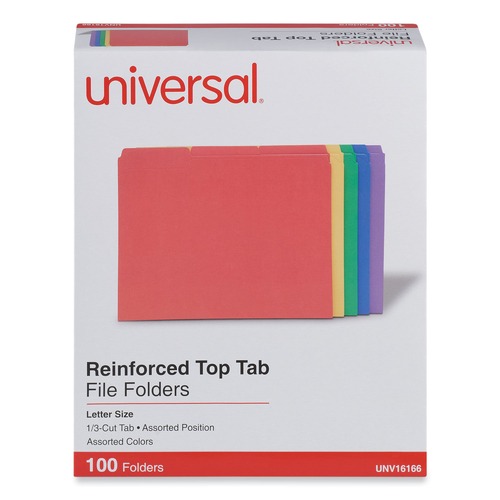File Folders | Universal UNV16166 Reinforced 1/3-Cut Assorted Top-Tab File Folders - Letter Size, Assorted Colors (100/Box) image number 0