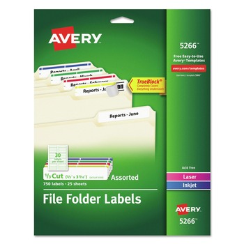 Avery 05266 0.66 in. x 3.44 in. Permanent TrueBlock File Folder Labels with Sure Feed Technology - White (30/Sheet, 25 Sheets/Pack)