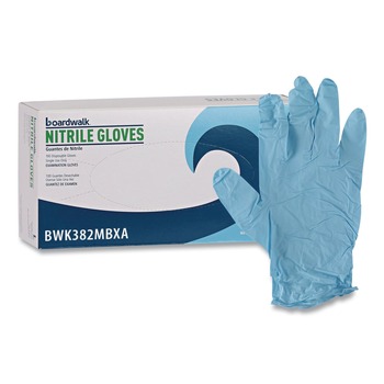 CLEANING GLOVES | Boardwalk 382MBXA 5 mil. Disposable Examination Nitrile Gloves - Medium Blue (100/Box)