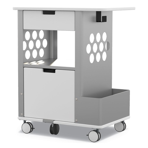 Cleaning Carts | Safco 5202WH 28 in. x 20 in. x 33.5 in. 2 Shelves 2 Drawers 1 Bin 150 lbs. Capacity Metal Mobile Storage Cart - White image number 0
