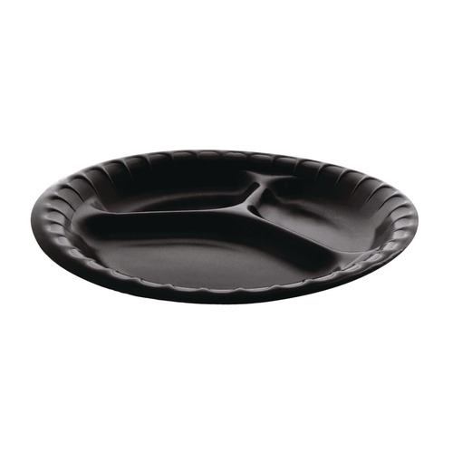 Bowls and Plates | Pactiv Corp. YCI811130000 9 in. Diameter 3-Compartment Placesetter Deluxe Laminated Foam Dinnerware Plate - Black (200/Carton) image number 0