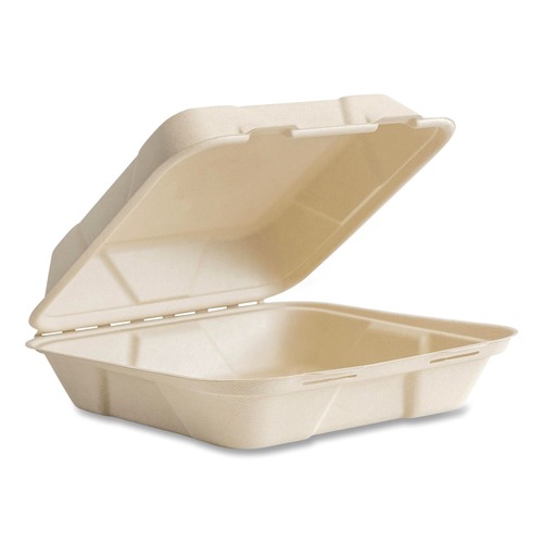 Food Trays, Containers, and Lids | Vegware VW-HC91NFA 9 x 9 x 3 Nourish Molded Compostable Sugarcane Fiber Takeout Containers - White (200/Carton) image number 0
