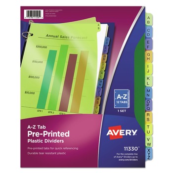 Avery 11330 11 in. x 8.5 in. 12-Tab A to Z Durable Preprinted Plastic Tab Dividers - Assorted (1-Set)