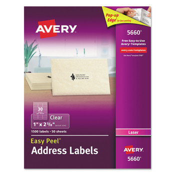 Avery 05660 1 in. x 2.63 in. Matte Clear Easy Peel Mailing Labels with Sure Feed Technology - Clear (1500/Box)