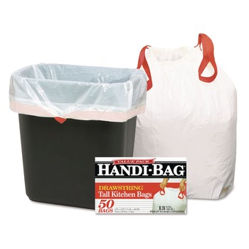  | Handi-Bag 1516848 13 Gallon 0.6 Mil, 24 in. x 27.4 in. Drawstring Kitchen Bags - White (300/Carton)