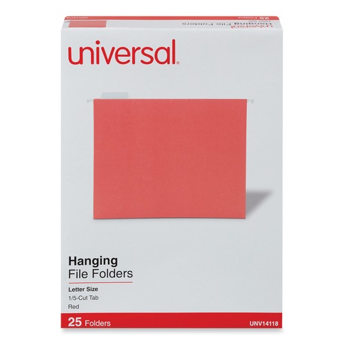 File Folders | Universal UNV14118EE 1/5-Cut Tab Deluxe Bright Color Hanging File Folders - Letter Size, Red (25/Box) image number 0