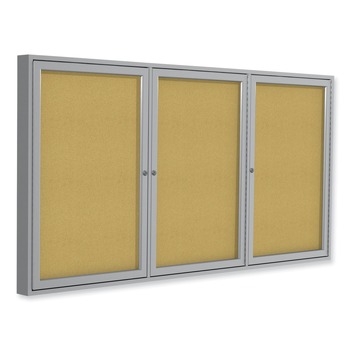  | Ghent PA34896K 96 in. x 48 in. 3 Door Enclosed Natural Cork Bulletin Board with Satin Frame - Tan Surface/Satin Aluminum Frame